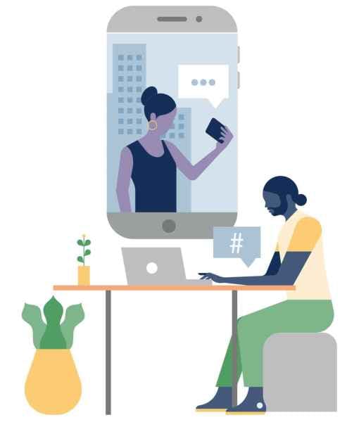 illustration of two people sitting at a table with a laptop and a phone.