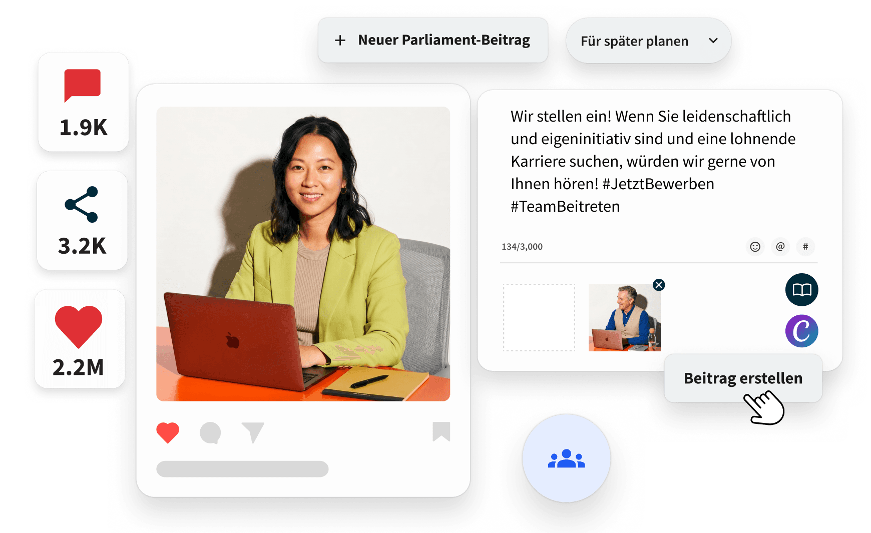 Social-Media-Content-Dashboard, das drei farbenfrohe Beiträge zeigt, mit Share-Zählern und Interaktions-Buttons vor lebendigen Hintergründen
