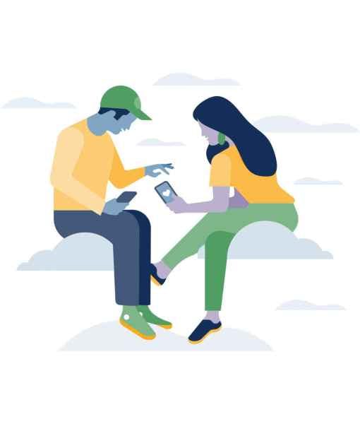 An illustration of a man and a woman sitting on a cloud talking to each other.