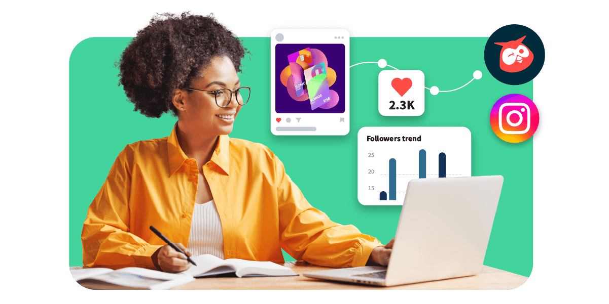 Mulher em um notebook com o logotipo da Hootsuite, o logotipo do Instagram e os recursos da Hootsuite