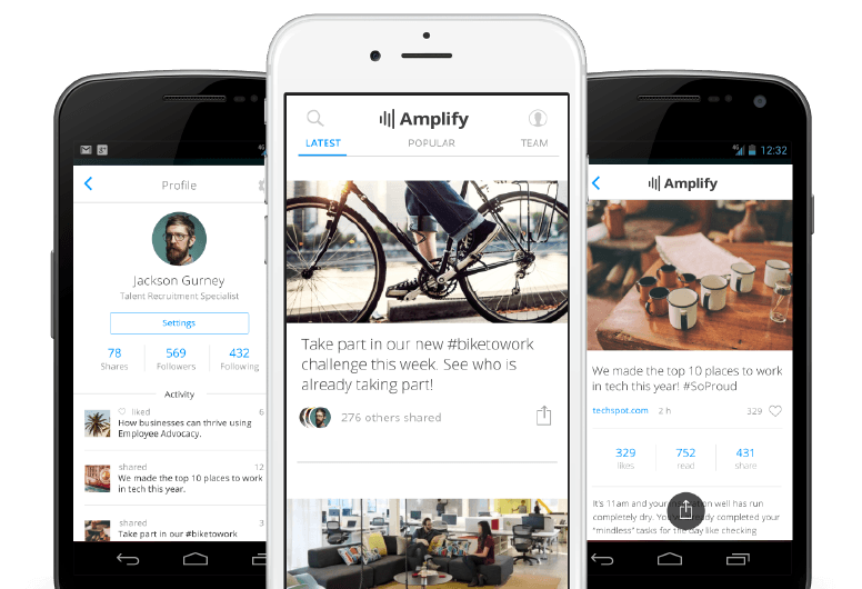 Three mobile phones showing screenshots of the Hootsuite Amplify app