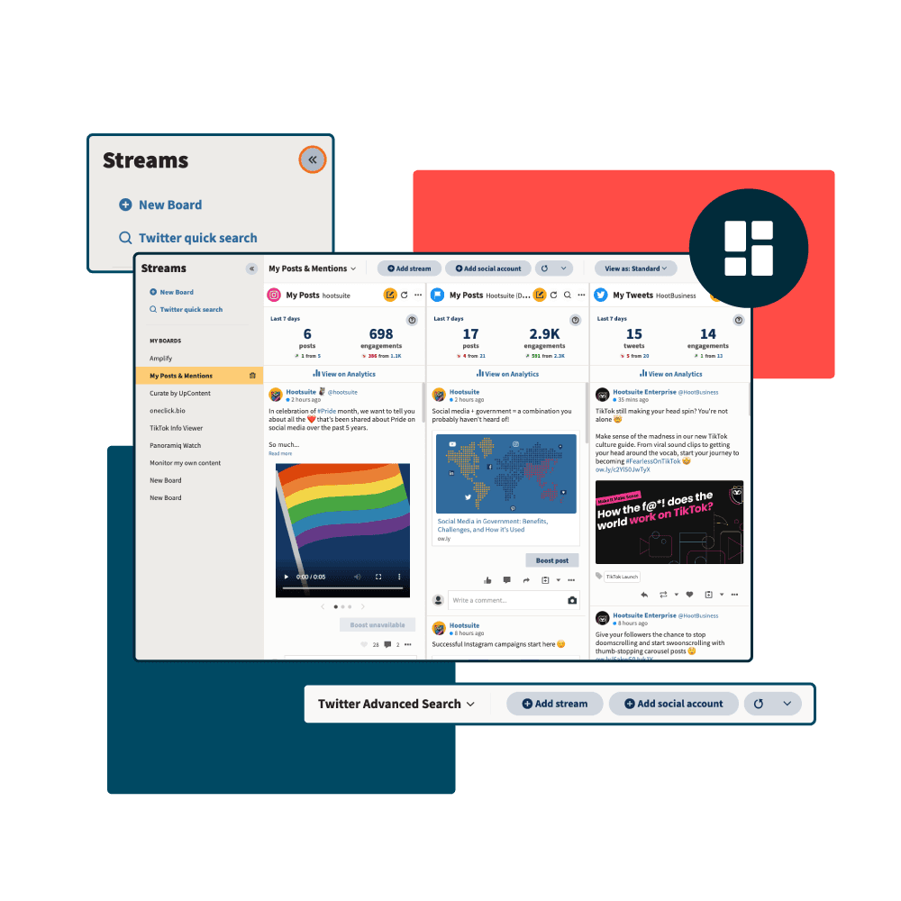A screenshot of the Hootsuite dashboard stream management system.