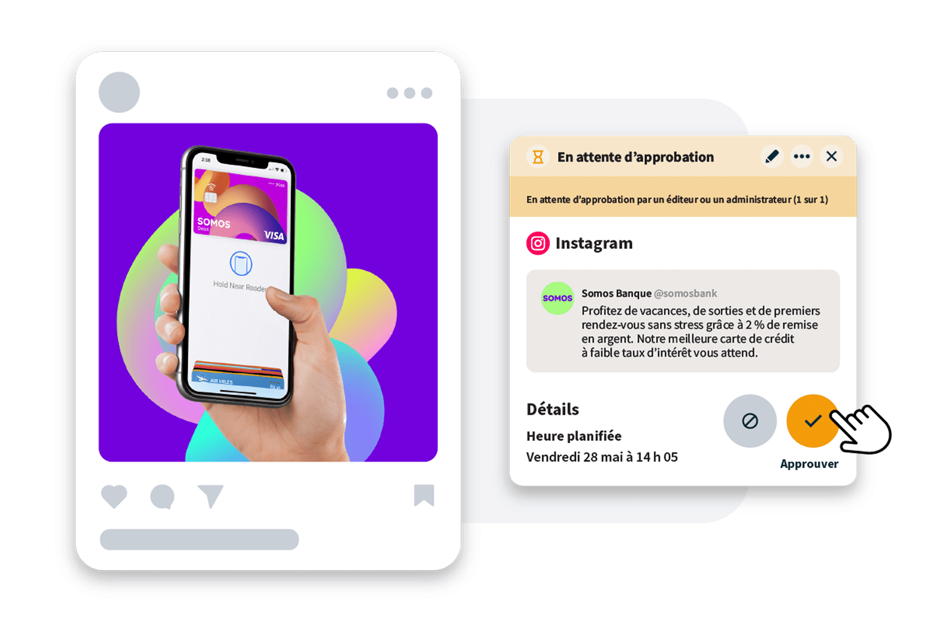 Hand holding smartphone displaying Somos Bank credit card interface against purple background with colorful gradient bubbles