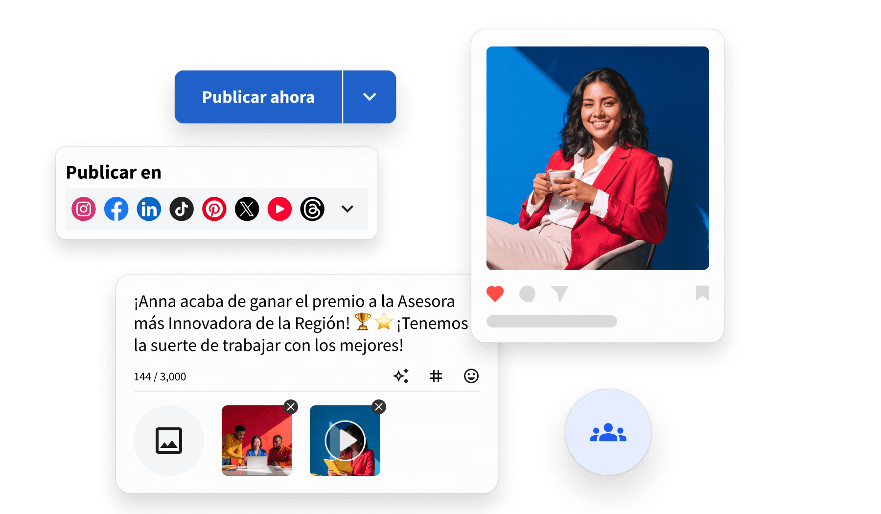 Social media publishing interface showing platform icons, a post about an award winner, and a smiling woman in a red blazer.