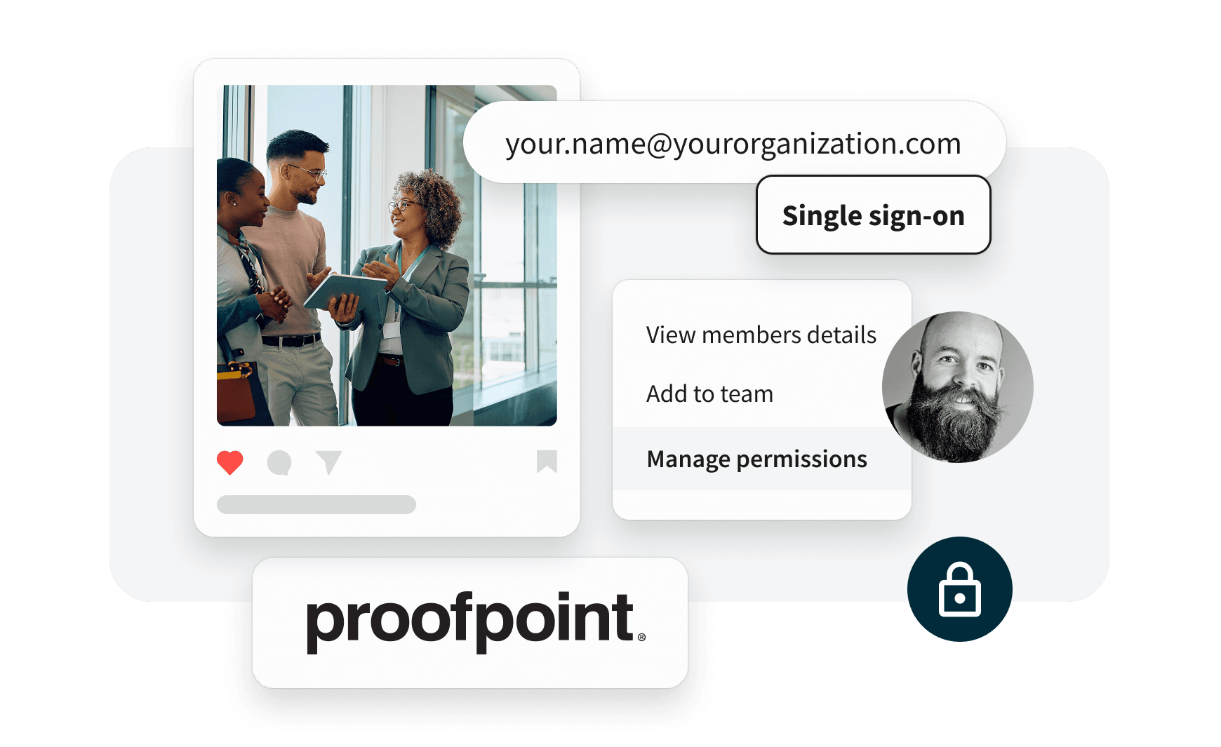 User interface showing profile management options including single sign-on, permissions, and team settings with Proofpoint branding below