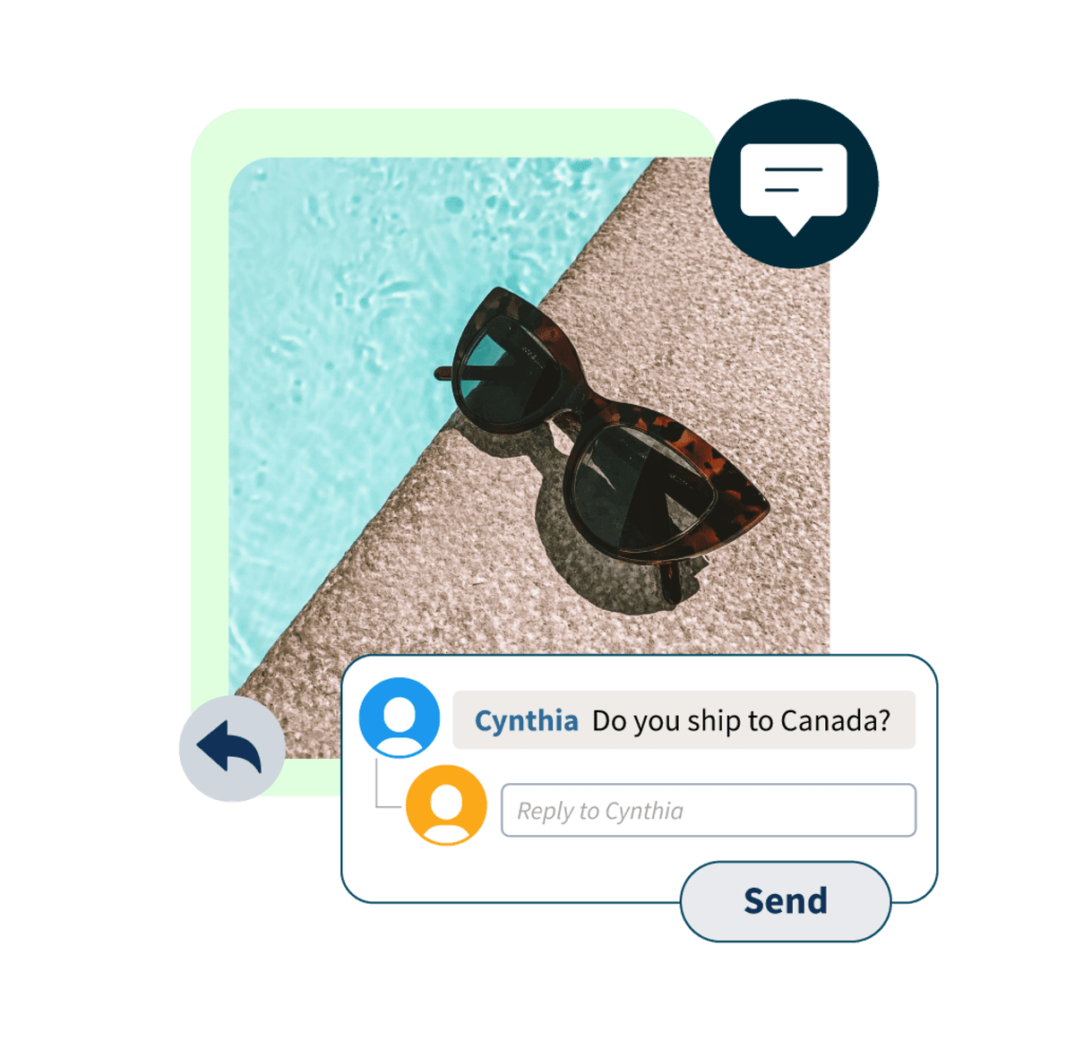 foto di occhiali da sole a bordo piscina insieme a un pop-up di commento che dice "spedite in Canada?"