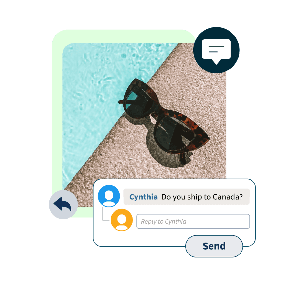 picture of sunglasses by the pool along with a pop-up of a comment saying "do you ship to canada?"