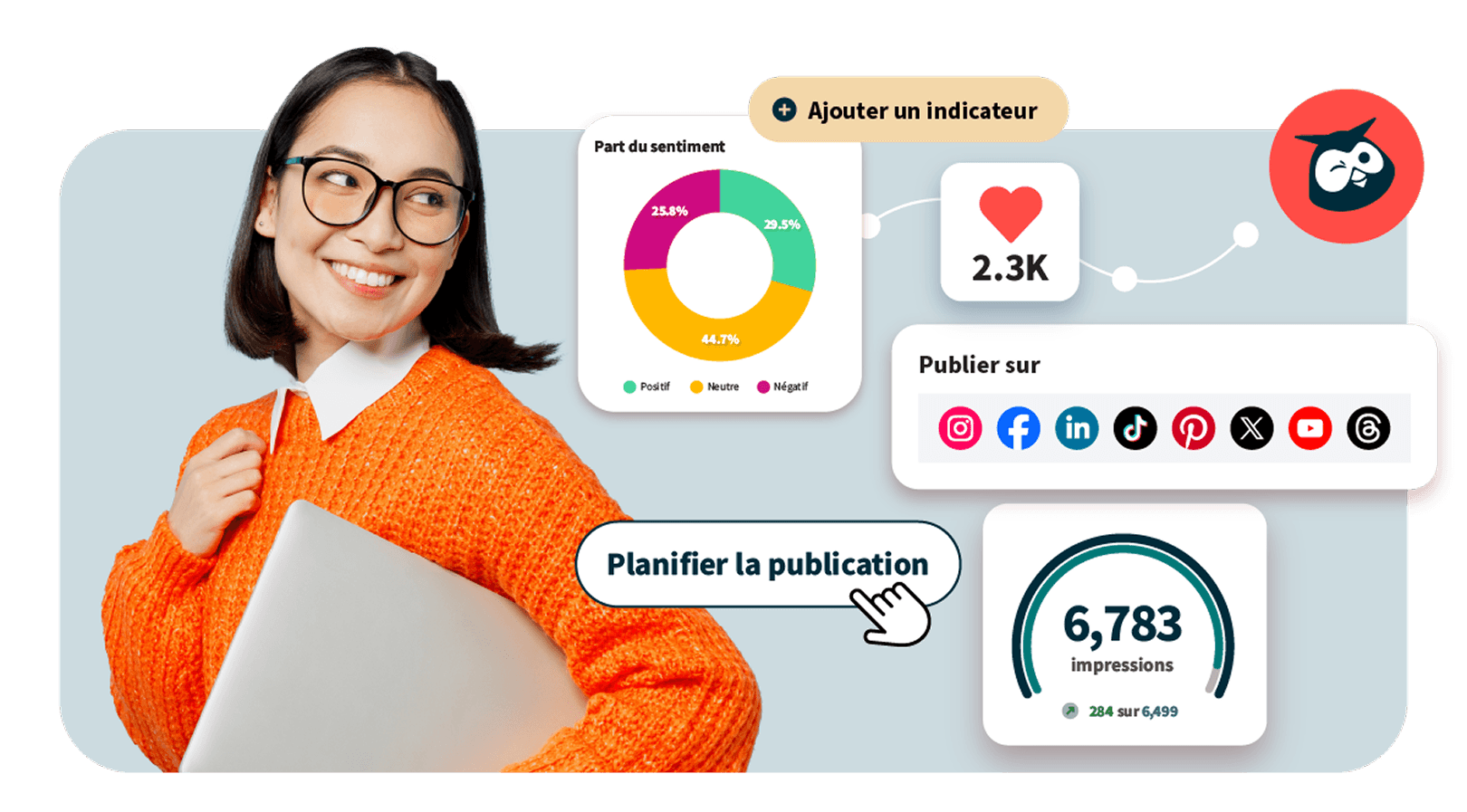 Social media dashboard showing sentiment analysis, engagement metrics, and publishing options with person in orange sweater holding laptop