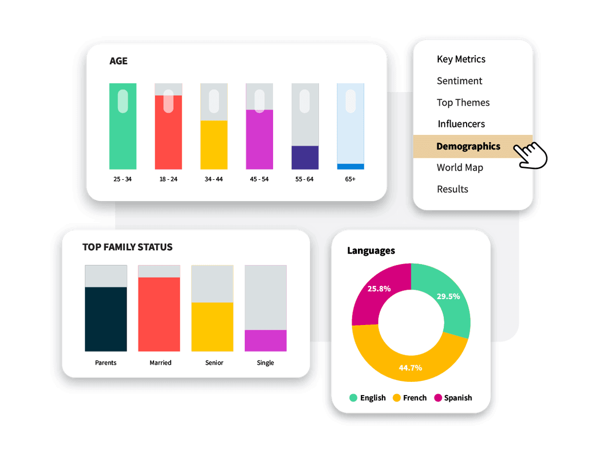 Painel de controle demográfico mostrando a distribuição etária, estado civil e preferências de idioma com gráficos e diagramas coloridos