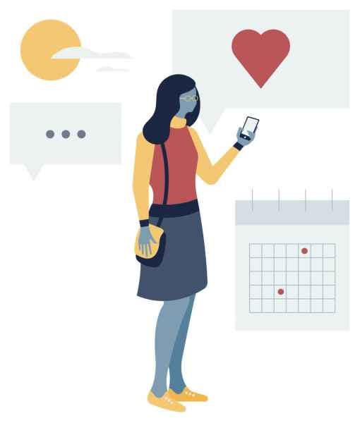 A graphic of a woman holding a phone.
