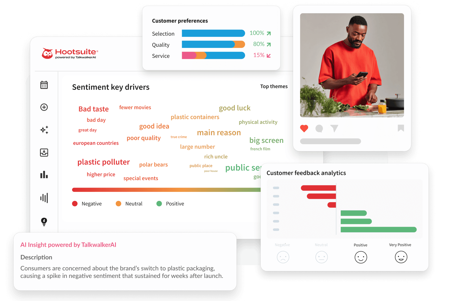 Customer analytics visualization showing market drivers and themes with color-coded bubbles for positive, negative, and neutral sentiment