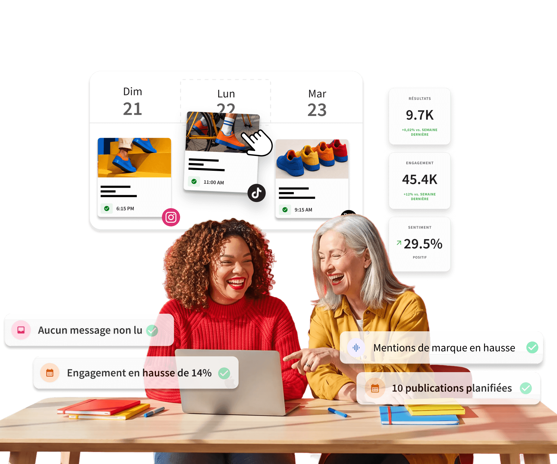 Two women smiling at a laptop with social media scheduling dashboard showing posts, engagement stats, and campaign approvals.